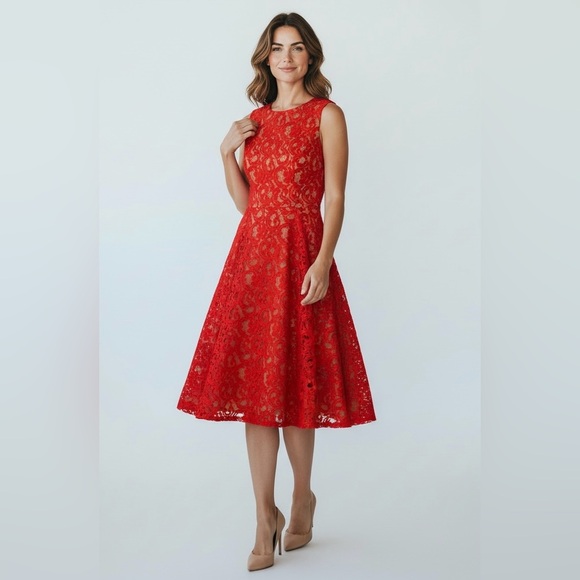 BCBGMAXAZRIA Lace Midi Dress Sleeveless Party Cocktail Red Size 12 - Picture 2 of 12